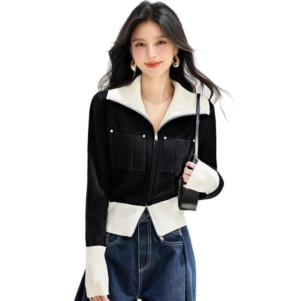 Chic  Long Sleeve Zip-Up Knit Cardigan for Women, Casual Fashion Top with Turn-Down Collar and Short Cut Design