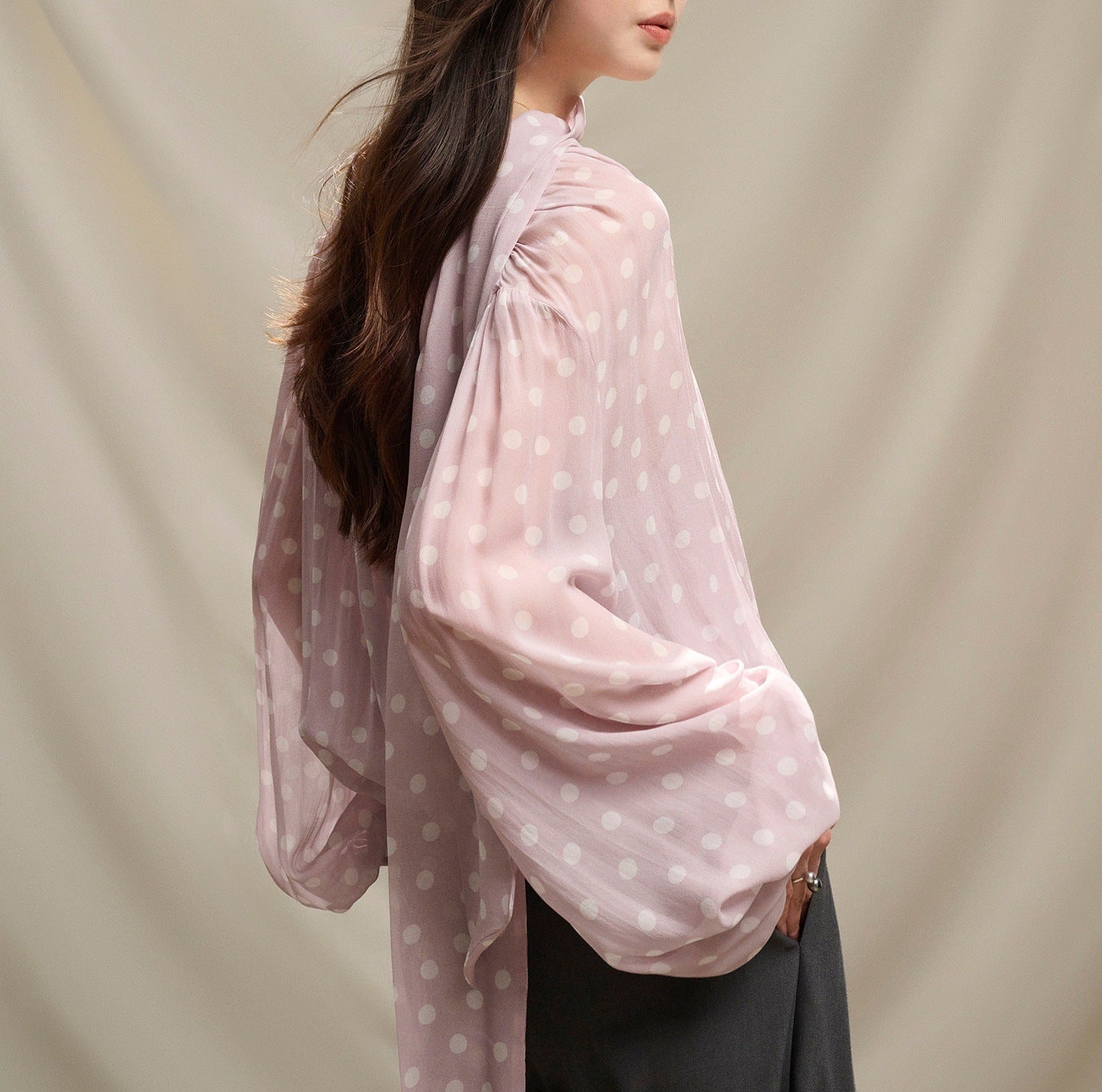 Lightweight Chiffon Printed Polka Dot Ribbon Sun Protection Shirt Long Sleeve Breathable Cooling Feel Blouse