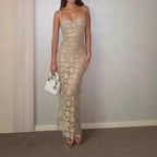 Champagne Gold Lace Cut-Out French Style Elegant Strap Dress for Women Unique Side-Slit Evening Gown, Mid-Length Dress
