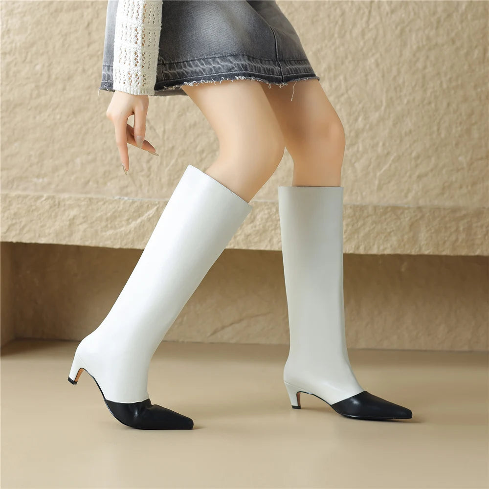 Women Knee-High Boots Pointed Toe Genuine Leather Shoes Woman Office Lady Mature Autumn Winter New