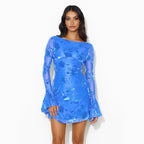 Women's Sexy Retro Printed Mesh Splicing Backless Tied Bell Sleeve Dress