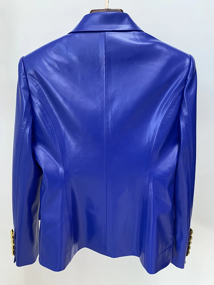 TOP QUALITY Newest Fashion 2023 Designer Jacket Women's Double Breasted Lion Buttons Slim Fitting Faux Leather Blazer