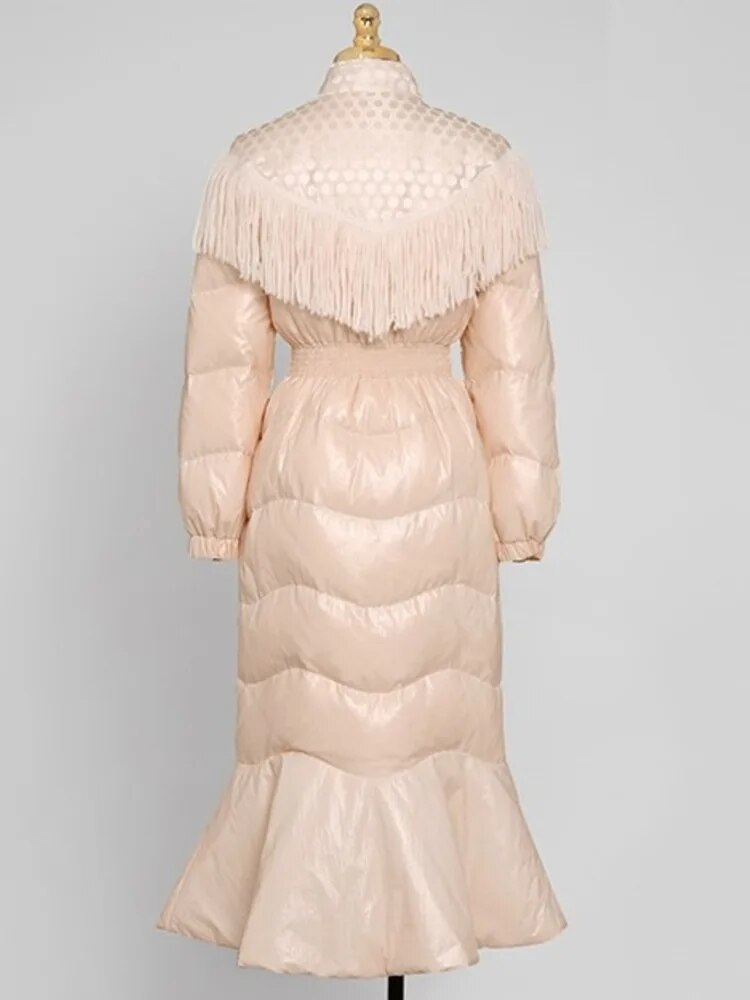 Tassel Splicing Solid Cotton Coat For Women Long Sleeve High Wasit Belt Spiced Design Thin Coats