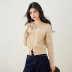 Chic Knit Cardigan Women Autumn Outfit Round Neck Long Sleeve Sweater Red Short Jacket Outerwear Top for Women
