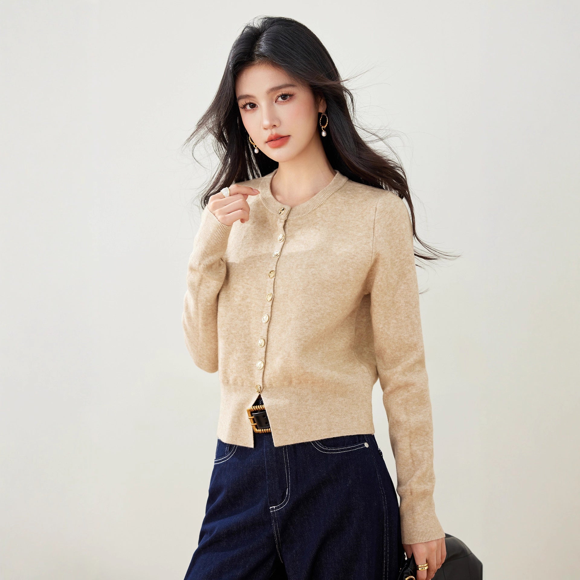 Chic Knit Cardigan Women Autumn Outfit Round Neck Long Sleeve Sweater Red Short Jacket Outerwear Top for Women