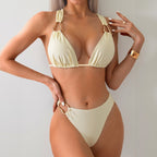 Solid color strap backless sexy split beach vacation bikini for women
