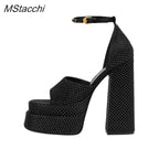 Processing time:4-7days after placing orders Two-double Platform Shoes Summer Ankle Strap Crystal Party Wedding Shoes  Luxury Designer Peep Toe Chunky Heels Women's Sandals
