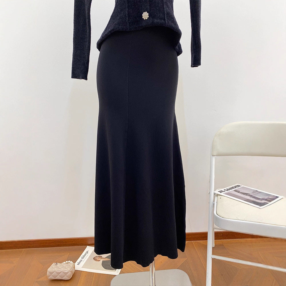 Black Heavy Rhinestone Shoulder-Baring Boat Neck Velvet Long Sleeve Knit Dress for Women