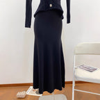 Black Heavy Rhinestone Shoulder-Baring Boat Neck Velvet Long Sleeve Knit Dress for Women