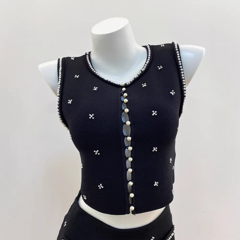 New Heavy Beaded French Noble Style Pearl-Trimmed Sleeveless Vest and Skirt Set