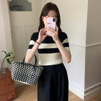 Sleeve T-Shirt Women Lightweight Luxury High-End Round Neck Inner Layer Color-Blocked Top