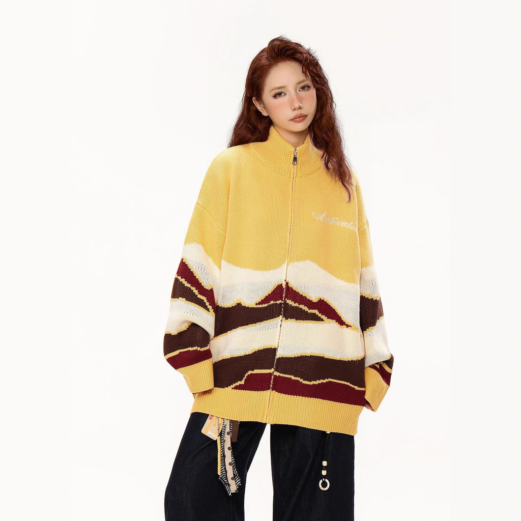 Color-Blocked Embroidered Cardigan Sweater Women's Oversized Loose Casual Knitwear Coat