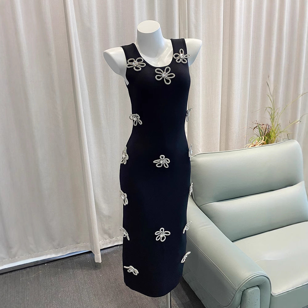 Designer MA Brand Elegant Embellished 3D Flower Strap Dress for Women