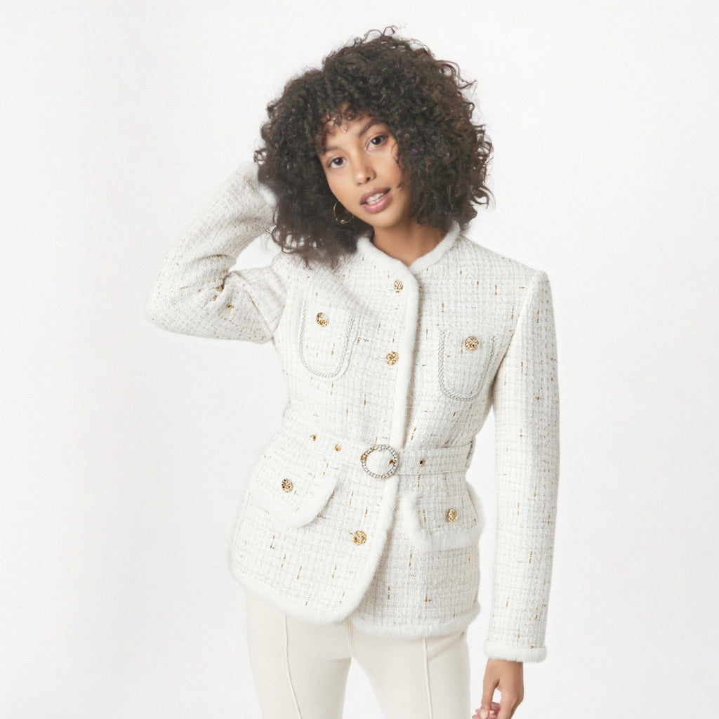 White woolen patchwork small stand up collar with lace up new socialite's light luxury jacket trendy top