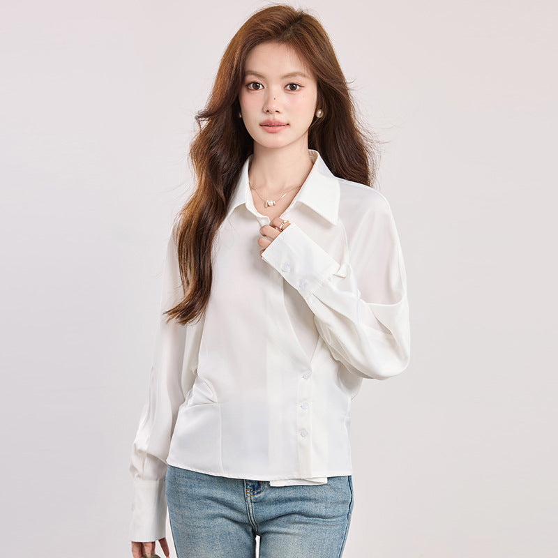 Chic Slant Button Flip Collar Blouse for Women, Fitted Slimming Office Commute Versatile White Shirt