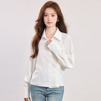 Chic Slant Button Flip Collar Blouse for Women, Fitted Slimming Office Commute Versatile White Shirt