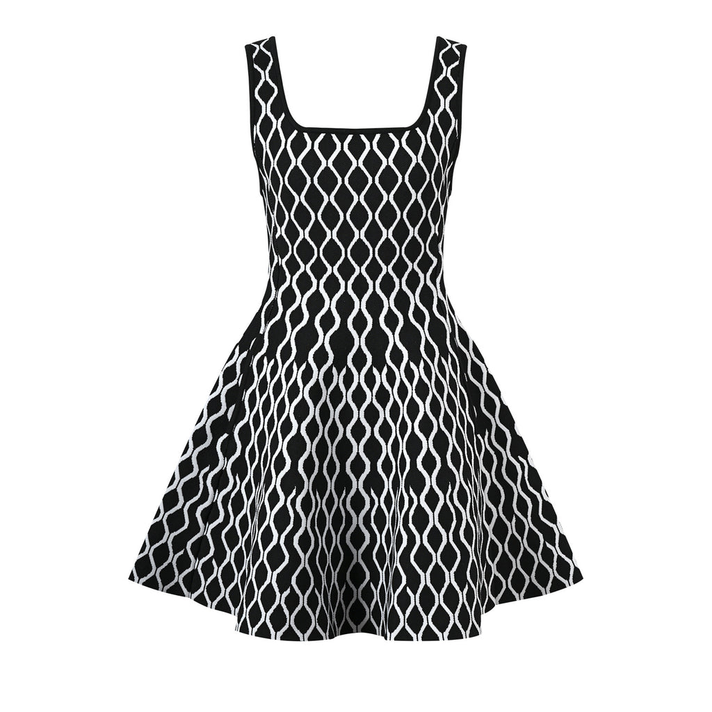New niche design water ripple contrasting color waist slimming fashion suspender dress