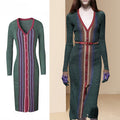 Runway Designer Dark Green Striped V-Neck Buttons Breasted Midi Knitting Dress New Fashion Autumn Winter Sweater