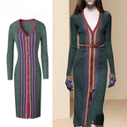 Runway Designer Dark Green Striped V-Neck Buttons Breasted Midi Knitting Dress New Fashion Autumn Winter Sweater