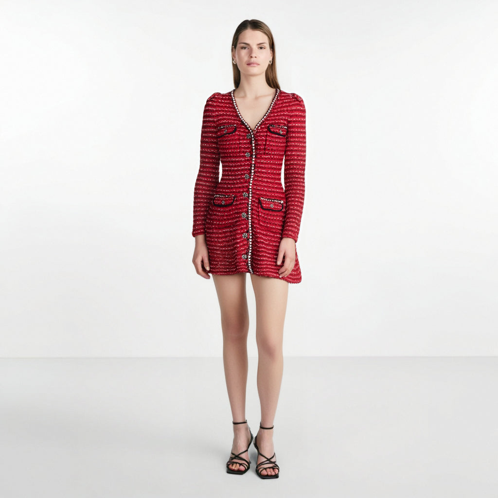 New Arrive Red Color Knitted Women Mini Dress V Neck Long Sleeve Slim Lady Short Dress
