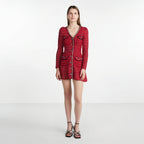 New Arrive Red Color Knitted Women Mini Dress V Neck Long Sleeve Slim Lady Short Dress