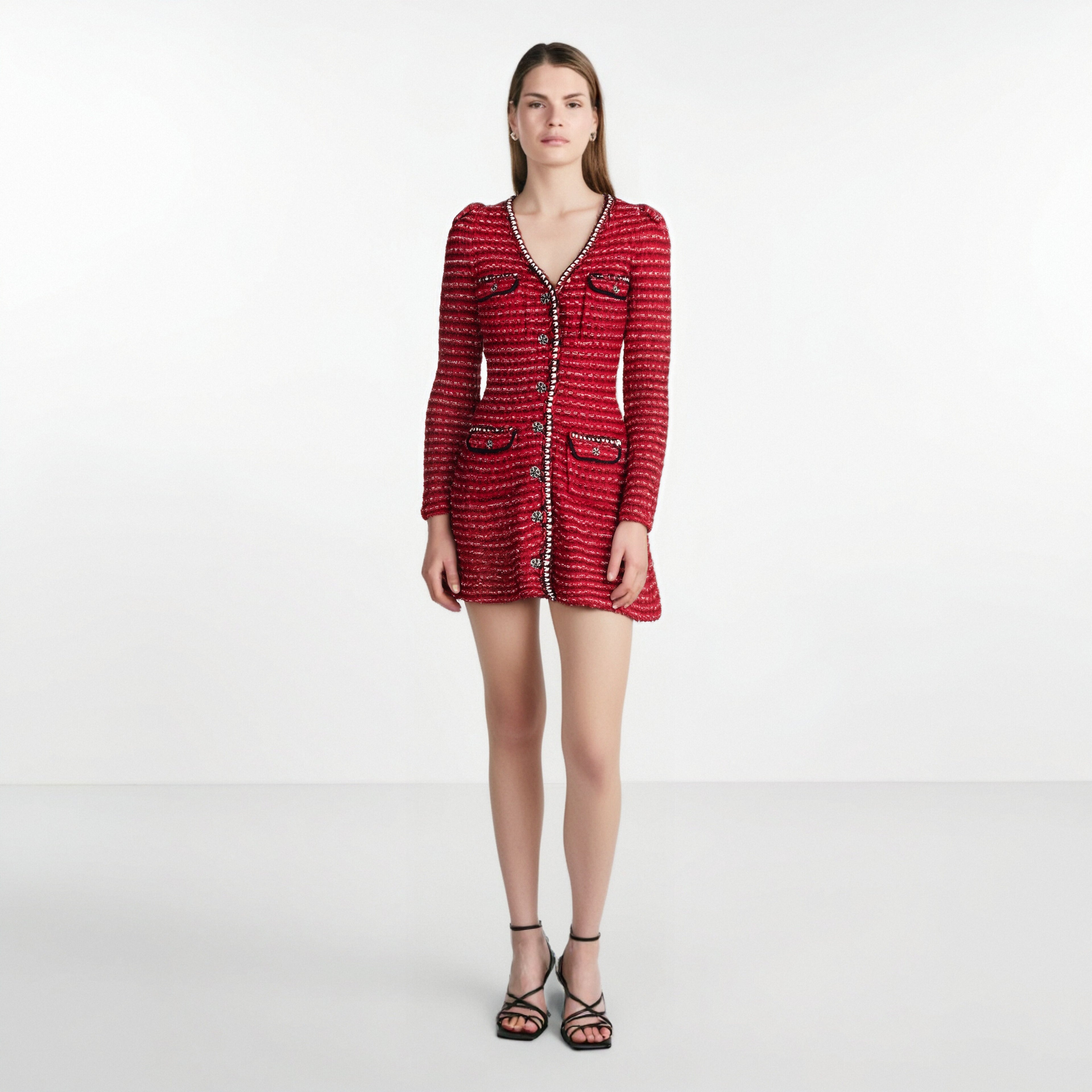 New Arrive Red Color Knitted Women Mini Dress V Neck Long Sleeve Slim Lady Short Dress