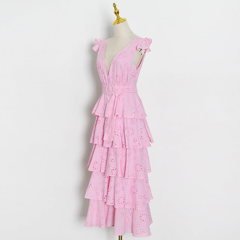 Simple Design Solid Color Cake Skirt Summer New Sexy V-Neck Hook Flower Hollow Stitching Dress
