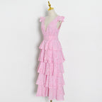 Simple Design Solid Color Cake Skirt Summer New Sexy V-Neck Hook Flower Hollow Stitching Dress