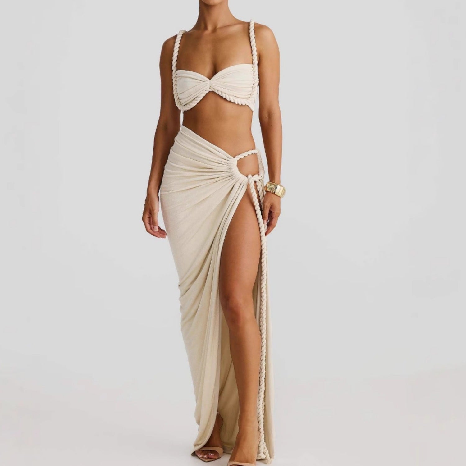 Women's Sleeveless Tie-Up Hollow-Out Beach Sexy Long Dress Set Backless Casual