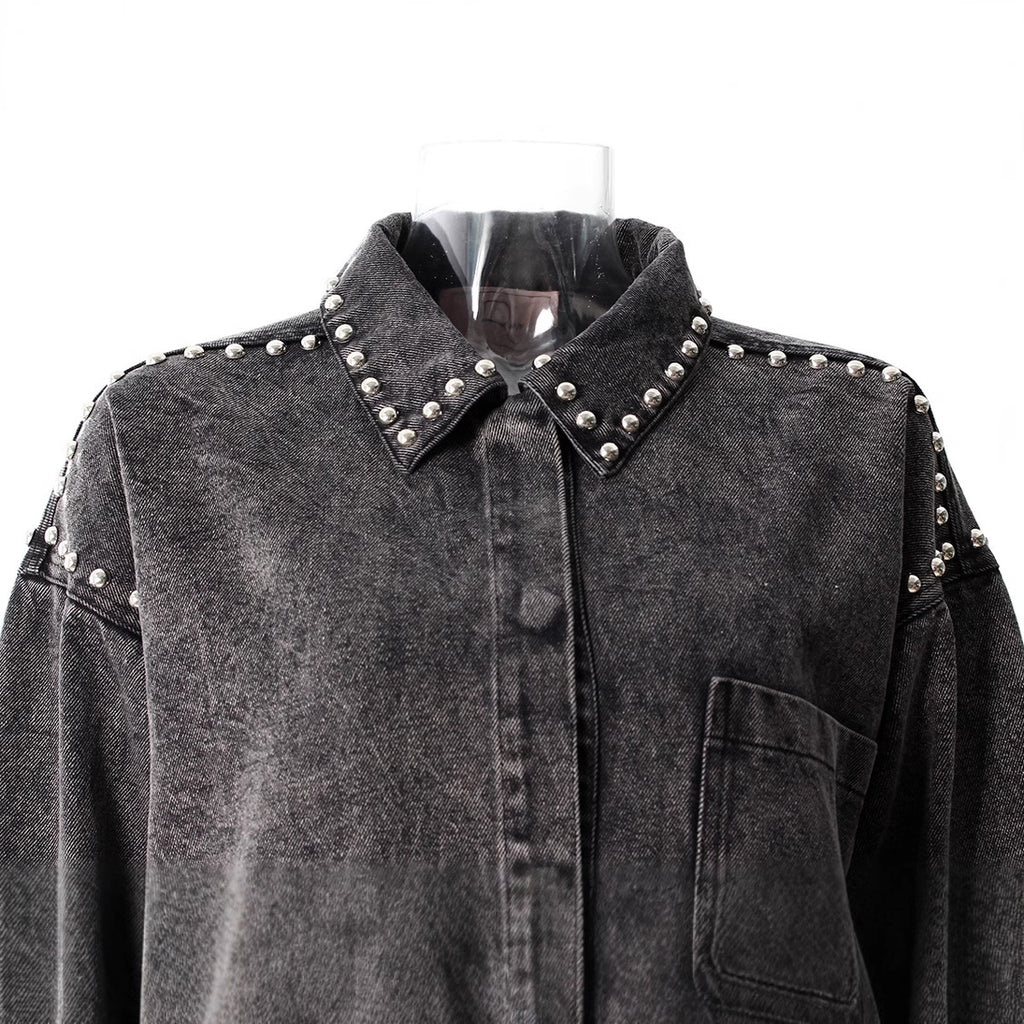 Women's Black Gray Denim Shirt Lapel Loose Grinding The Hem Rivet Long Sleeves Blouse