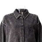 Women's Black Gray Denim Shirt Lapel Loose Grinding The Hem Rivet Long Sleeves Blouse
