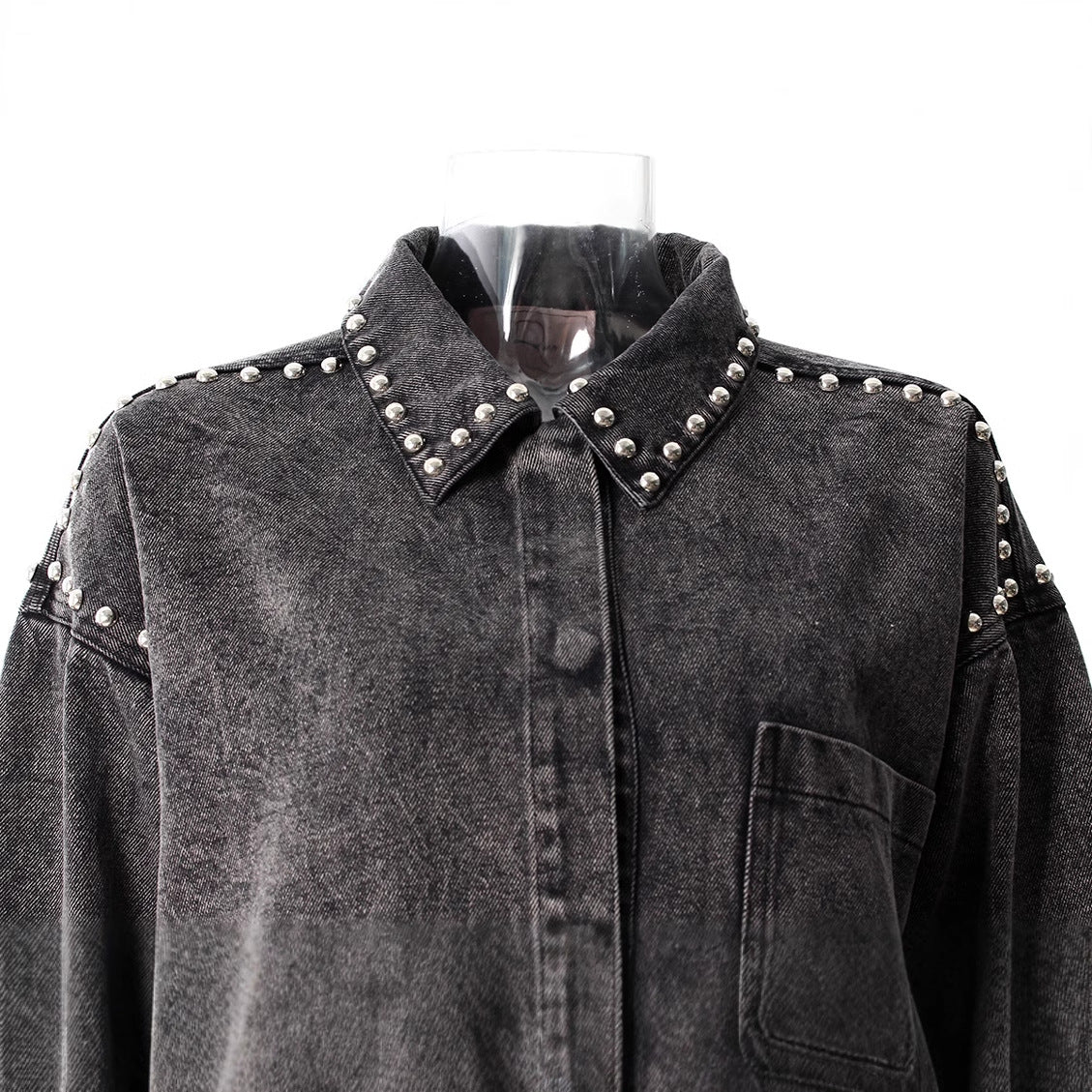 Women's Black Gray Denim Shirt Lapel Loose Grinding The Hem Rivet Long Sleeves Blouse
