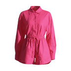 Solid Two Piece Sets For Women Lapel Long Sleeve Spliced Single Breasted Shirts High Waist Loose Shorts Casual Set Female