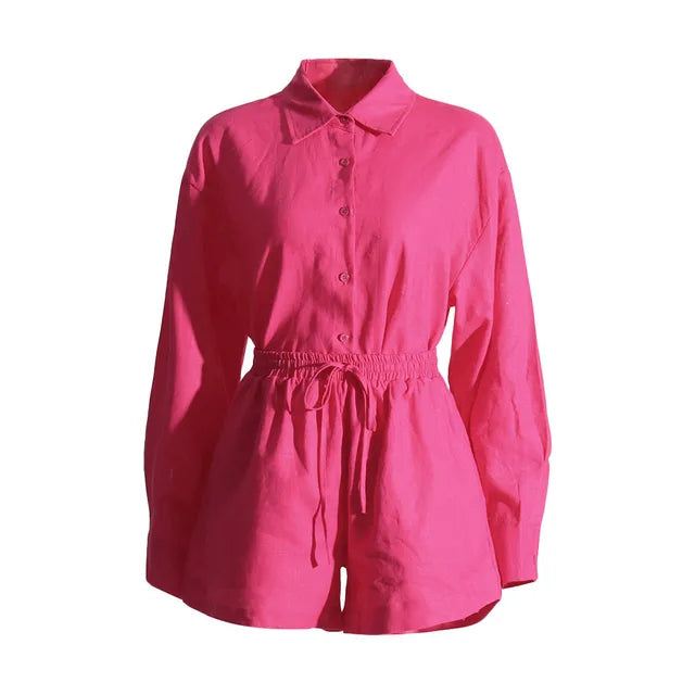 Solid Two Piece Sets For Women Lapel Long Sleeve Spliced Single Breasted Shirts High Waist Loose Shorts Casual Set Female