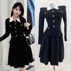 French Style Tweed Pattern Short Sleeve Turn-Down Collar Knitted Pleated Mini Dress
