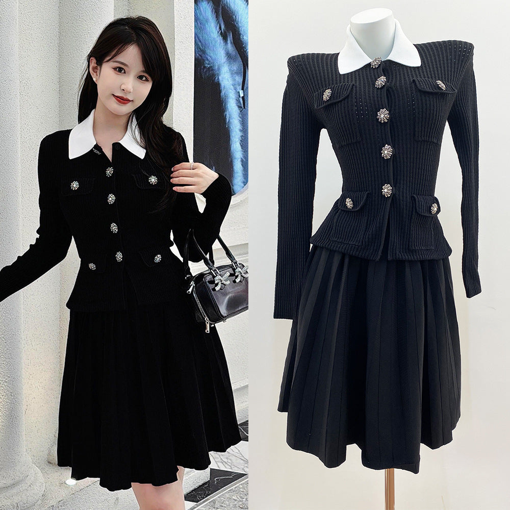 French Style Tweed Pattern Short Sleeve Turn-Down Collar Knitted Pleated Mini Dress