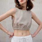 Tencel Linen Crop Top Women's Waist-Cinched Short Vest Style Linen Sleeveless Pullover