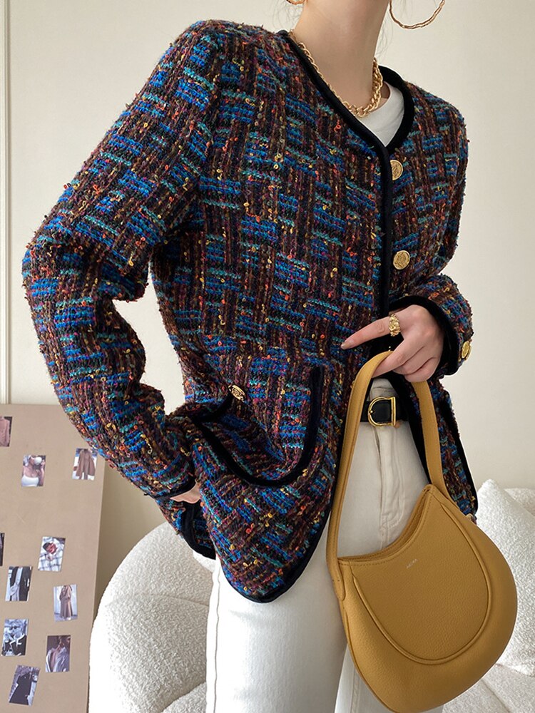 Fashion Women's Jackets New Tweed Round Neck Loose Single Breasted Long Sleeve Lattice Coat Female Autumn