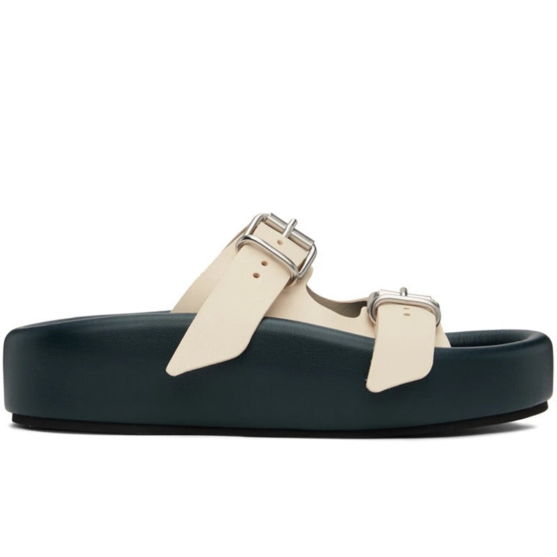 Summer casual soft sole comfortable slippers thick sole solid leather double breasted open toe outdoor versatile flat shoes
