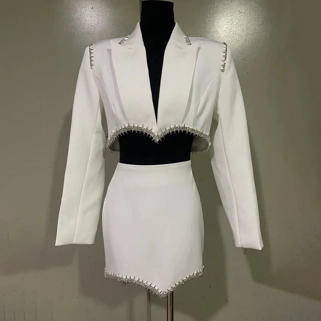 Chic Two Piece Set For Women Notched Collar Long Sleeve Spliced Diamond Blazer High Waist Skirt Slim Set Female New