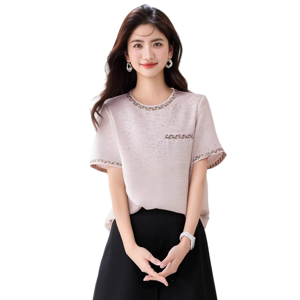 Fashionable and Elegant Lightweight Luxury Style Beaded Short Sleeve Top with Round Neck, Chic Inner Wear