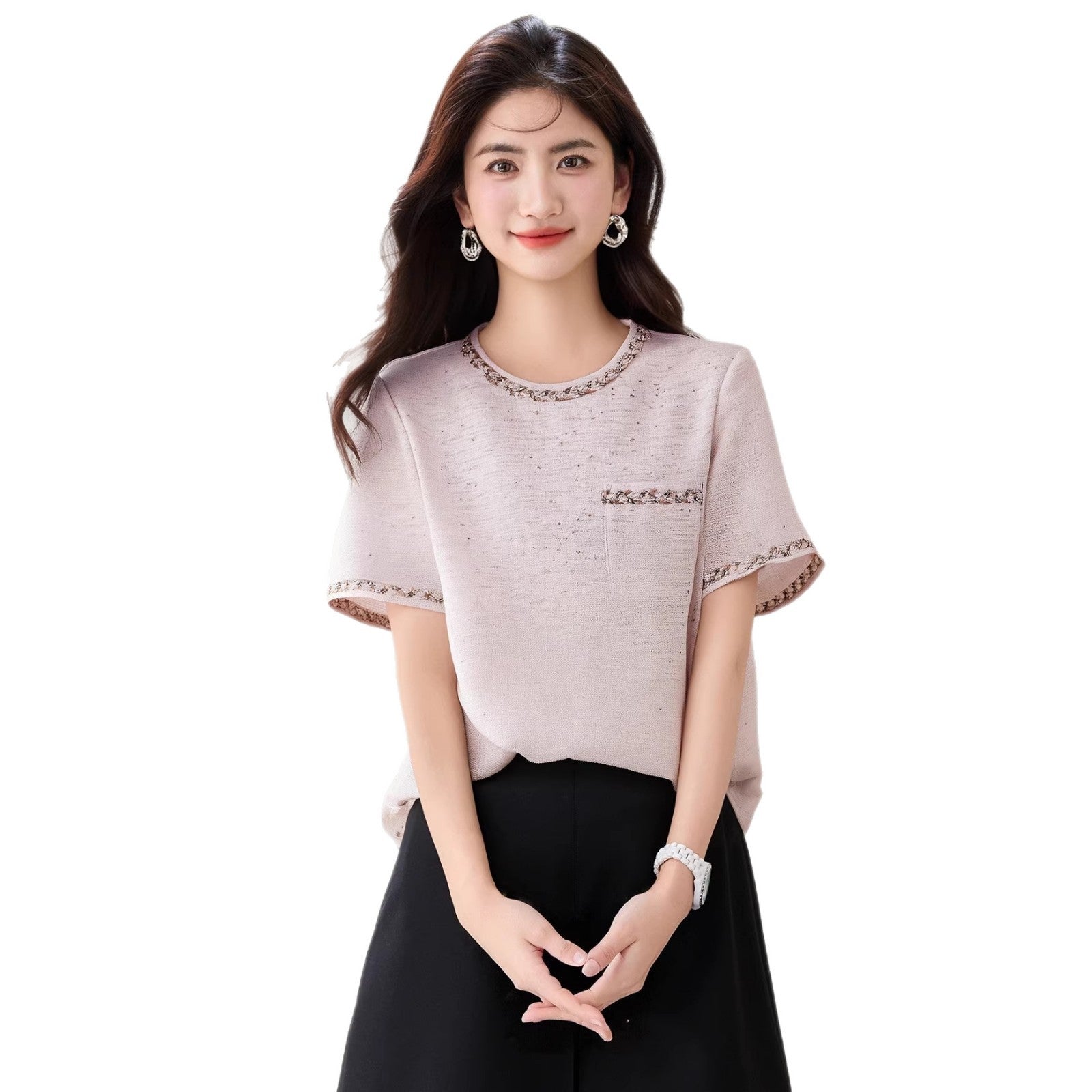 Fashionable and Elegant Lightweight Luxury Style Beaded Short Sleeve Top with Round Neck, Chic Inner Wear
