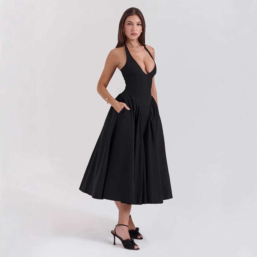 New fashion deep V-neck sexy fitted halter backless elegant lady high-end sense dress