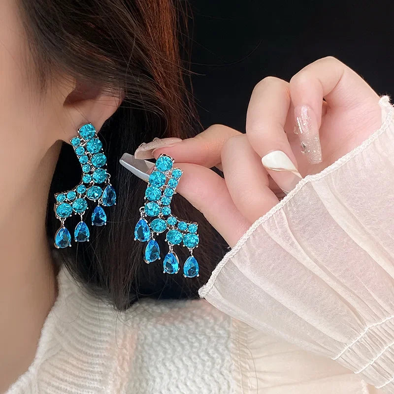 French Exquisite Bling Sea Blue Zircon Earrings Luxury Silver Color Shiny Crystal Trendy Jewelry for Women Gift INS