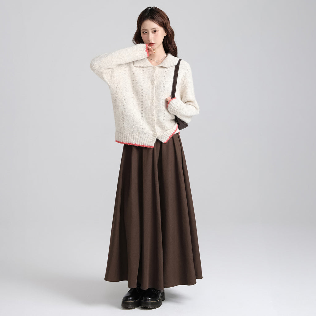 Collar Color-blocked Thick Knit Long Sleeve Cardigan Sweater