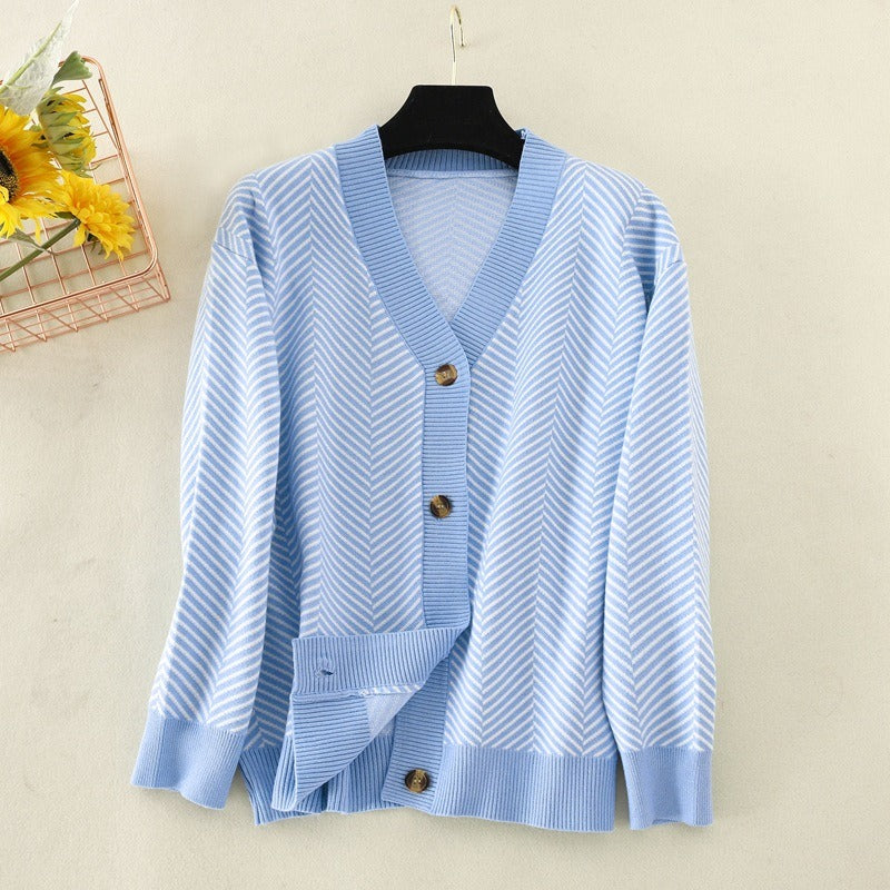 Women Tops Blue Knit Sweaters Love Heart Cardigan Female Chic V Neck Sweater