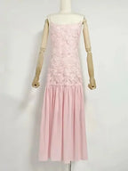 Summer New Women's Sexy Spaghetti Strap Sweet Three Dimensional Rose Flower Patchwork Chiffon Pleated Dress Long Dress