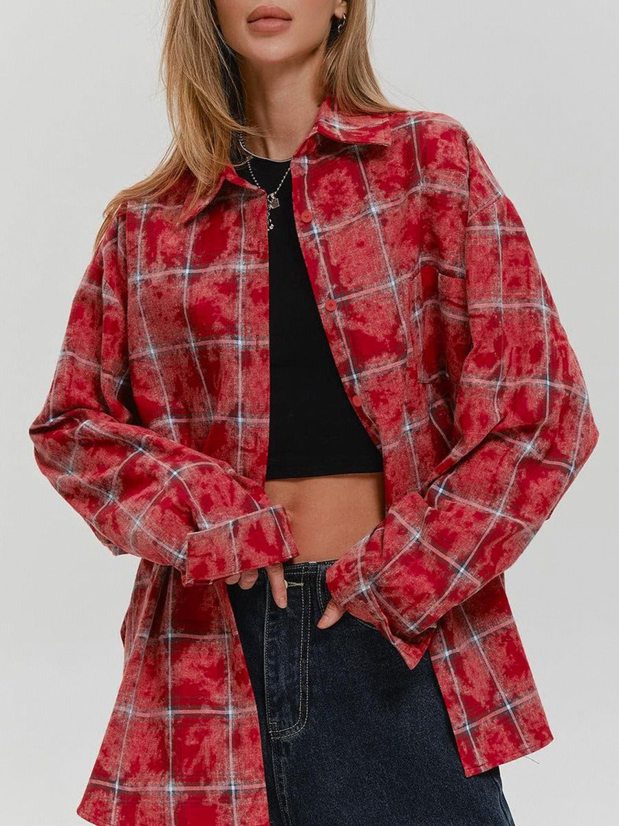 Retro Classic Cotton Red Plaid Shirt Summer New Street Head Style Old cardigan Flip Collar Commuter Shirt Women