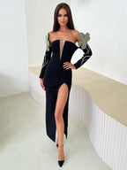 Trendy Beads Appliques Design Bandage Long Dress Women Sexy Off Shoulder Celebrity Party Club Dress