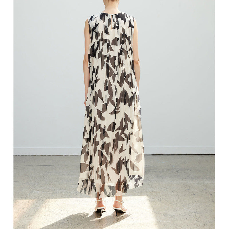 Vintage Salt-Style Elegant Piano Pleat Printed Unique Sleeveless Dress